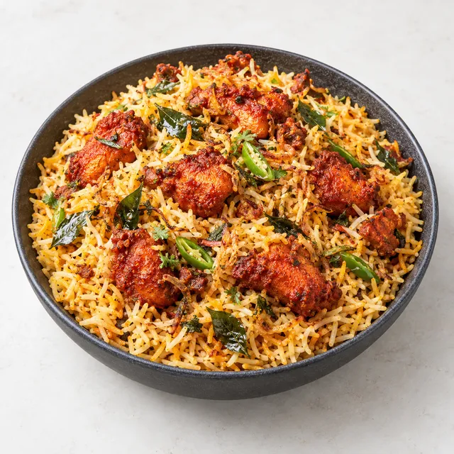 Biryani topped with red chicken 65 and curry leaves
