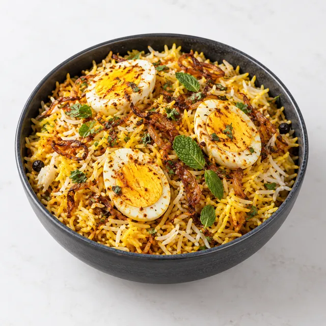 Egg biryani with halved boiled eggs and spiced rice