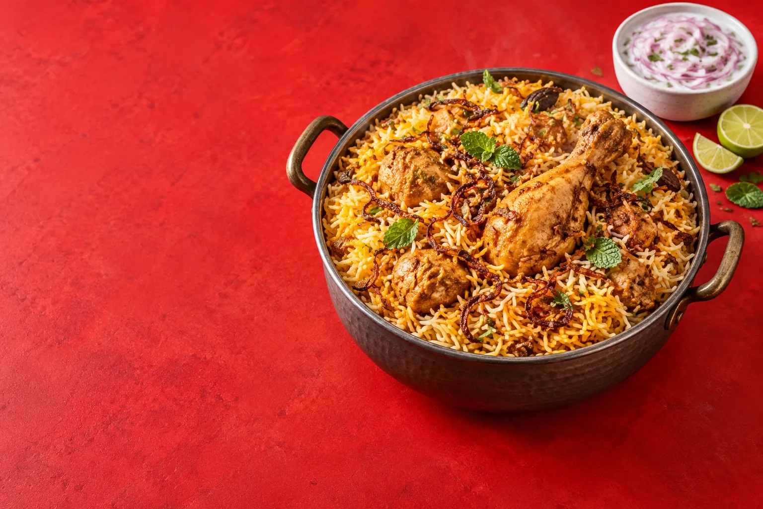 A pot of chicken dum biryani with fragrant rice, mint, raita and lime