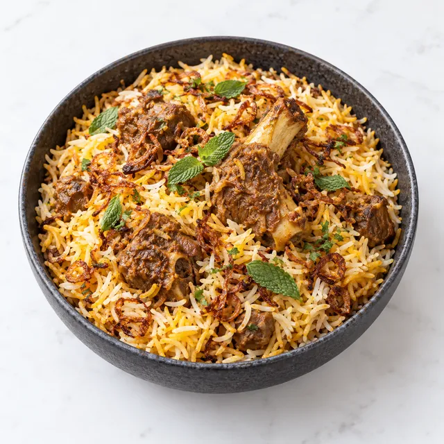 Mutton dum biryani with bone-in mutton pieces