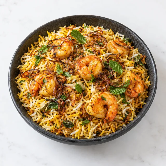 Prawn biryani with cooked prawns and mint