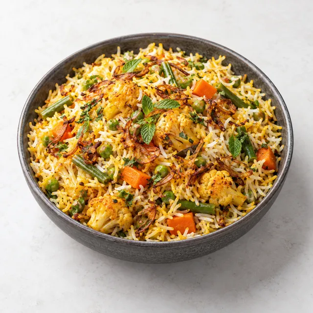 Vegetable dum biryani with cauliflower, carrots, beans and peas